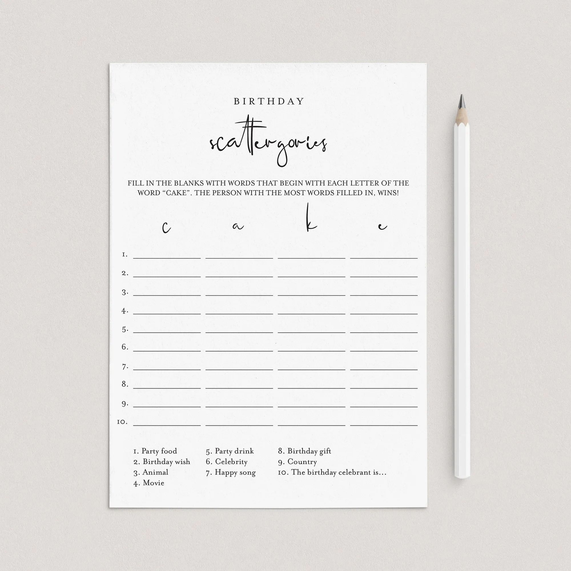 Scattergories Birthday Game Printable