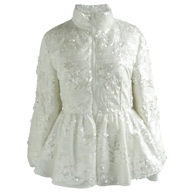 Sequins Padded Thickened Warm Ruffle Coat