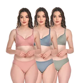 SGC SWEDEN Women Lingerie Set Full with Coverage Non-Padded Women Cotton Bra Panty Set Sexy Bra Panty Set Women Innerwear Pack of 3 Sets (B, Pink-Blue-Green, 34)