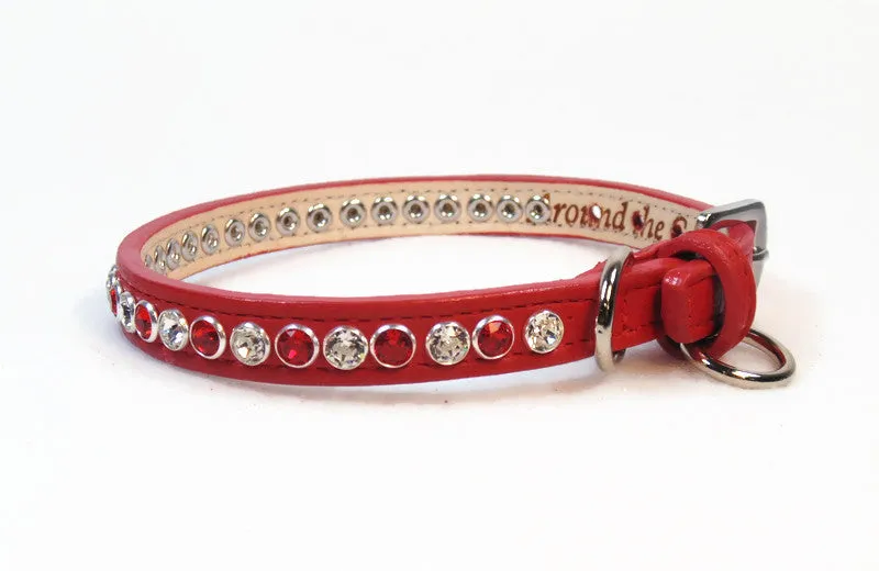 Shanti Leather Cat Collar with Alternating Single Row Austrian Crystals Close Together