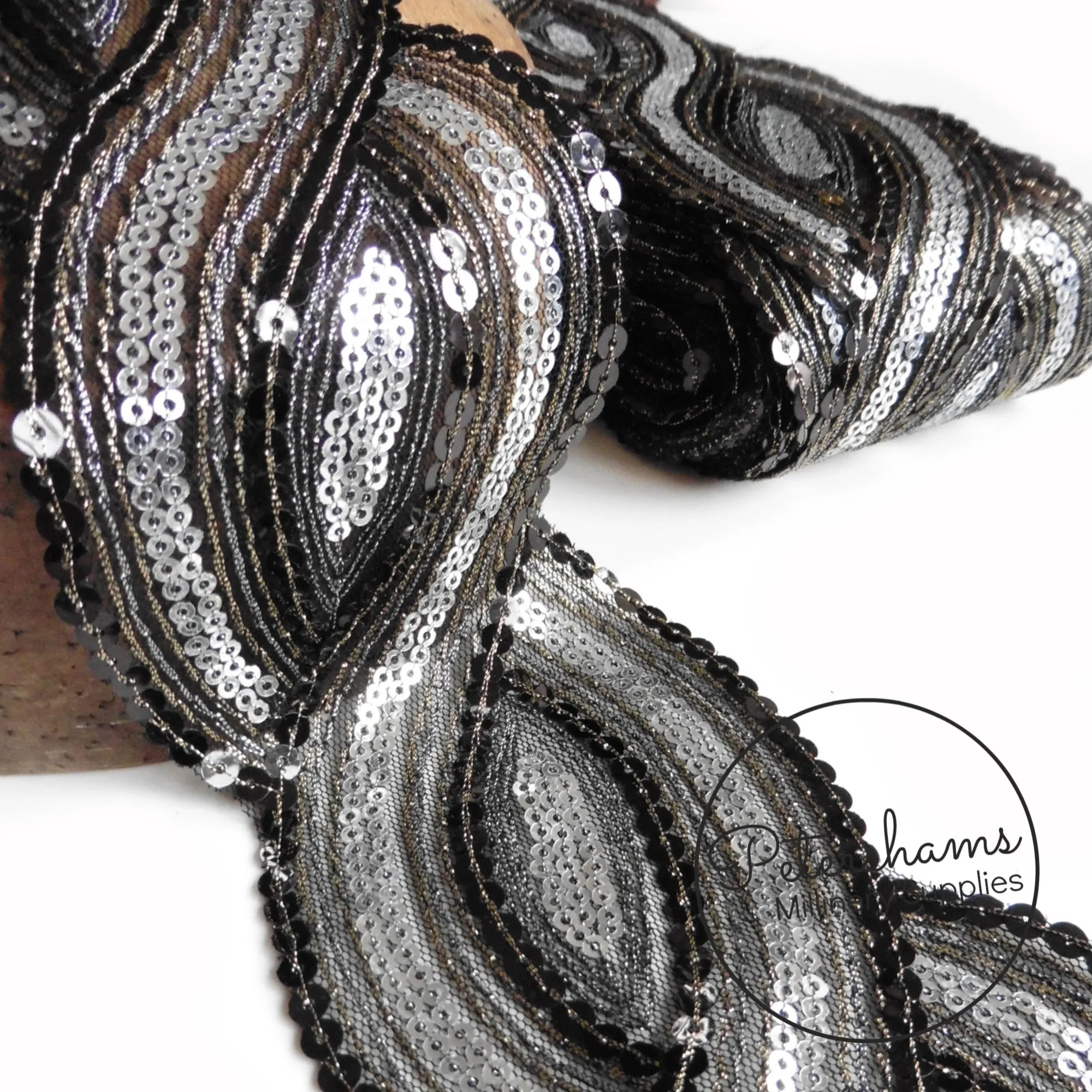Sheer Black and Silver Sequin Metallic Mesh Trim - 1m