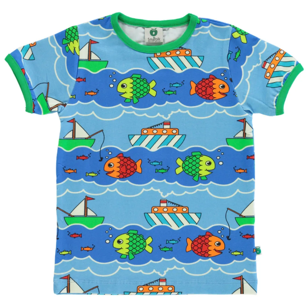 Short sleeve t-shirt- boat & fish, blue grotto