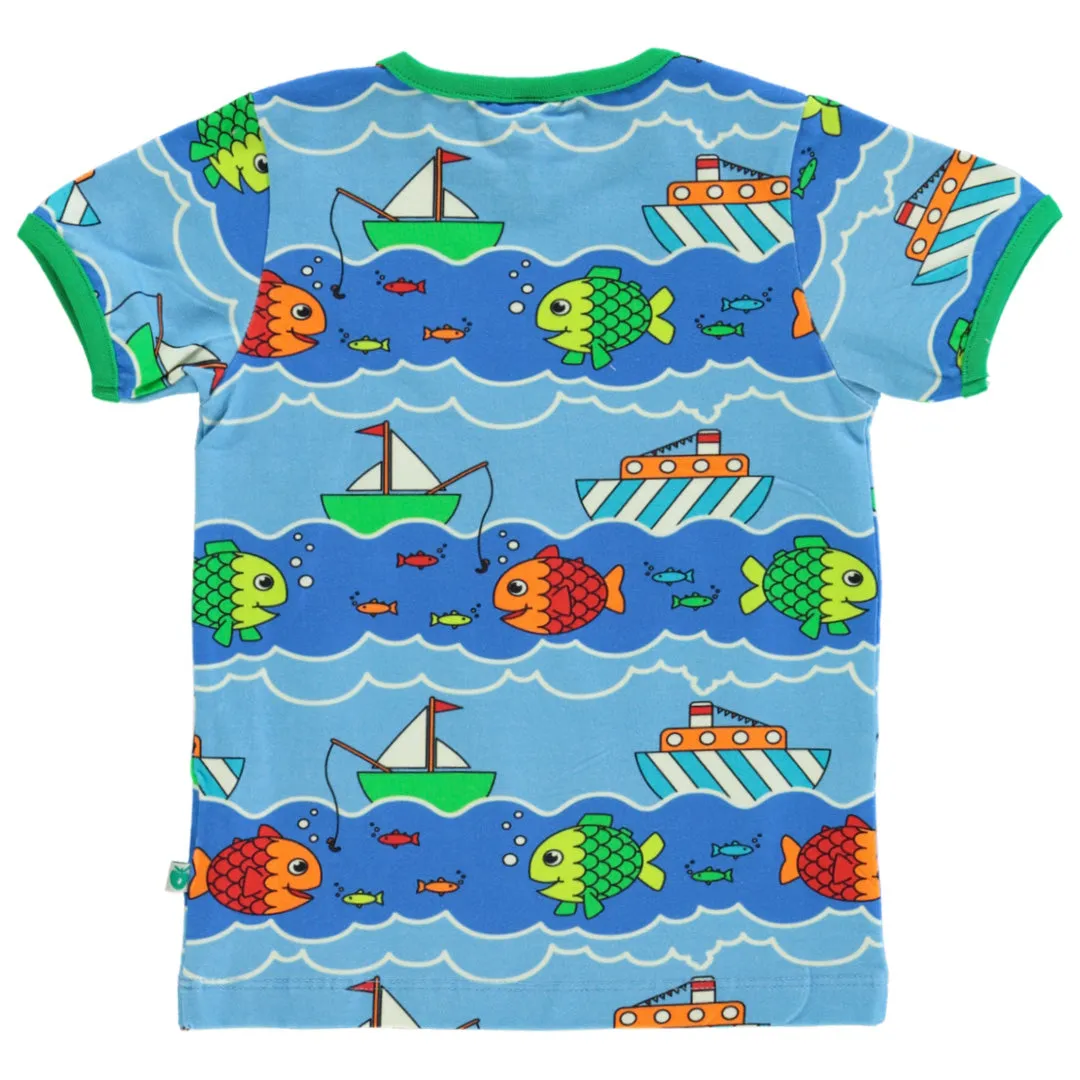 Short sleeve t-shirt- boat & fish, blue grotto