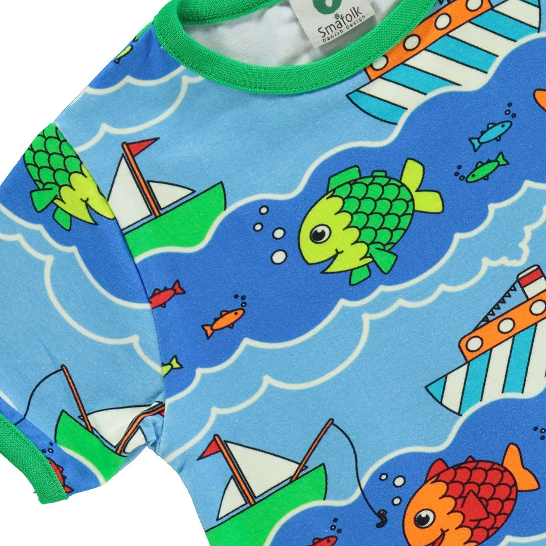 Short sleeve t-shirt- boat & fish, blue grotto