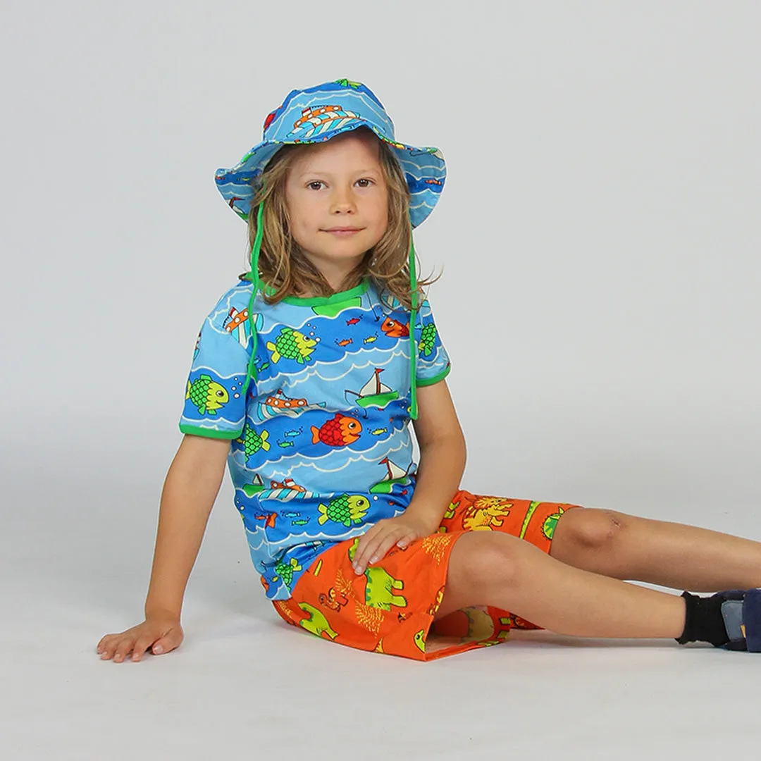 Short sleeve t-shirt- boat & fish, blue grotto