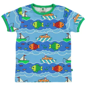 Short sleeve t-shirt- boat & fish, blue grotto
