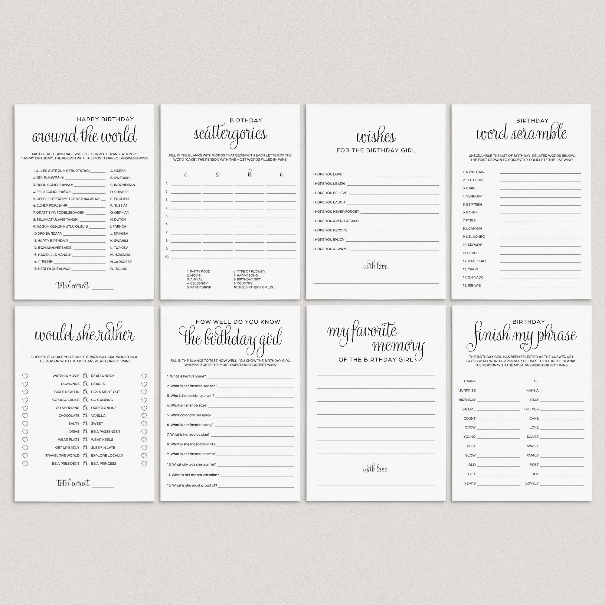 Simple Minimalist Birthday Games Bundle For Women Printable