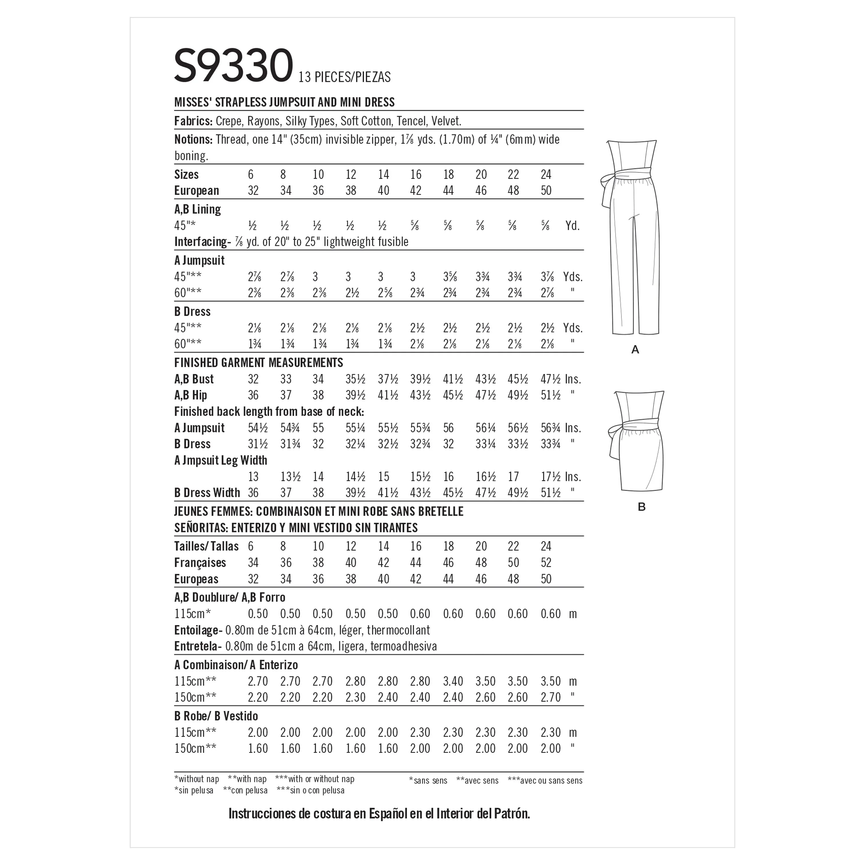 Simplicity Pattern 9330 Misses' Strapless Jumpsuit and Mini Dress