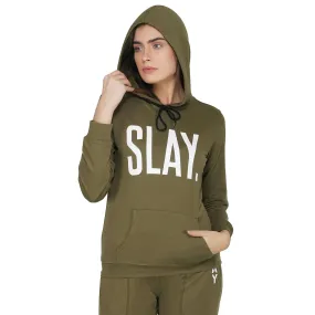 SLAY. Classic Women's Olive Green Printed Hoodie with Kangaroo Pockets