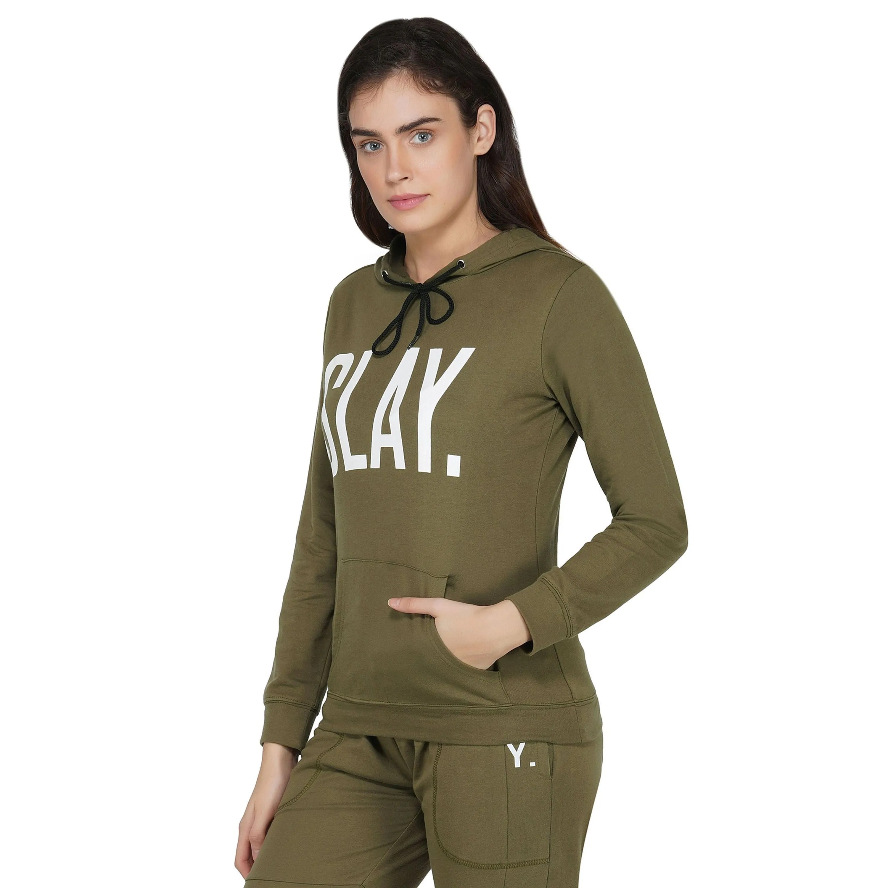 SLAY. Classic Women's Olive Green Printed Hoodie with Kangaroo Pockets