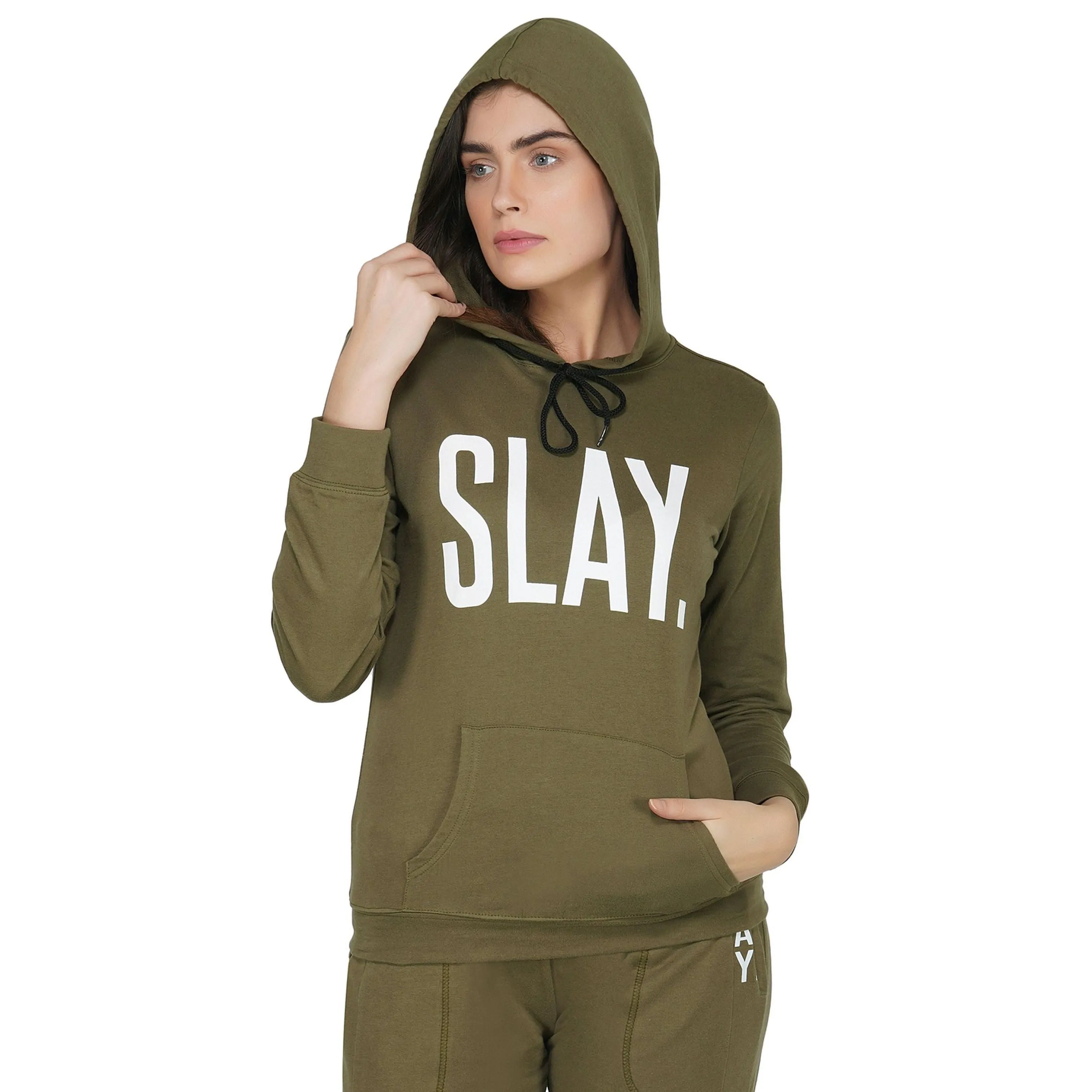 SLAY. Classic Women's Olive Green Printed Hoodie with Kangaroo Pockets