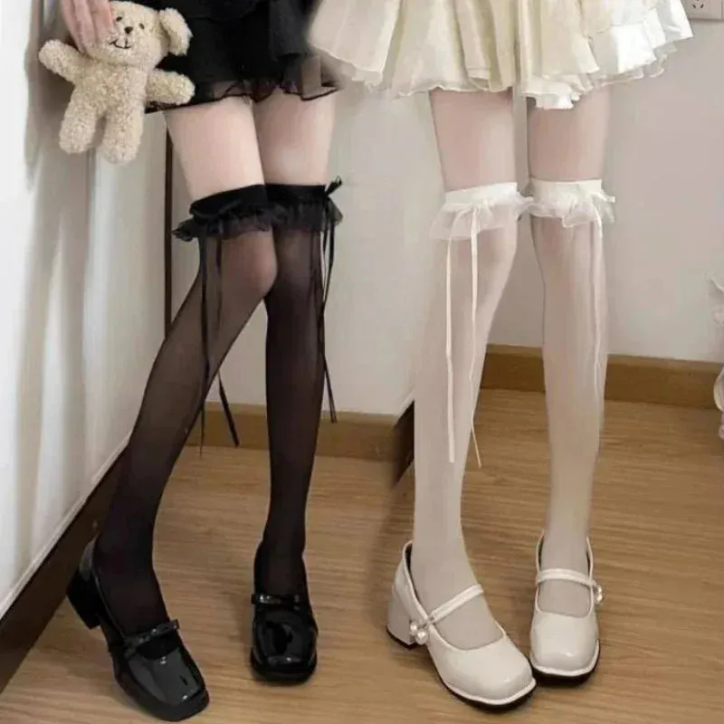 Sohiwoo 2/1pairs Sweet Lace Ruffle Long Socks Women Girls Ultra-thin Calf Stockings JK Lolita Nylon Leggings Over Knee Bowknot Hosiery