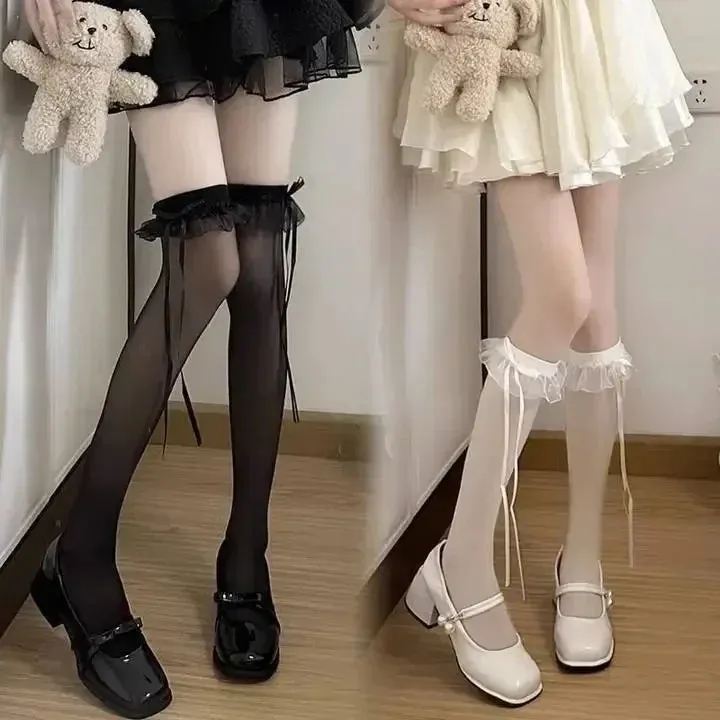 Sohiwoo 2/1pairs Sweet Lace Ruffle Long Socks Women Girls Ultra-thin Calf Stockings JK Lolita Nylon Leggings Over Knee Bowknot Hosiery