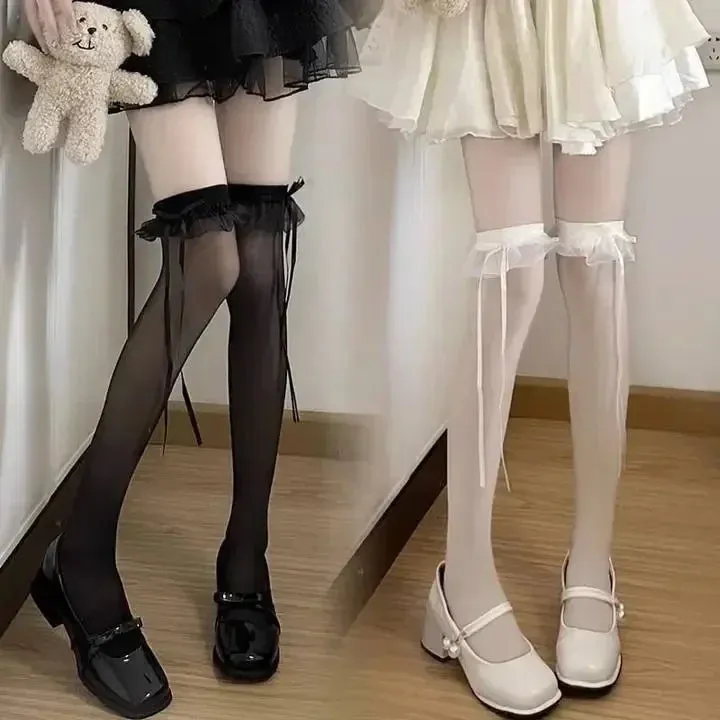 Sohiwoo 2/1pairs Sweet Lace Ruffle Long Socks Women Girls Ultra-thin Calf Stockings JK Lolita Nylon Leggings Over Knee Bowknot Hosiery