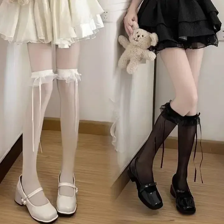 Sohiwoo 2/1pairs Sweet Lace Ruffle Long Socks Women Girls Ultra-thin Calf Stockings JK Lolita Nylon Leggings Over Knee Bowknot Hosiery