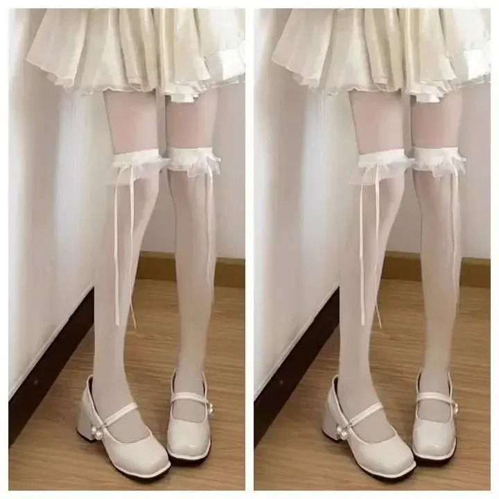 Sohiwoo 2/1pairs Sweet Lace Ruffle Long Socks Women Girls Ultra-thin Calf Stockings JK Lolita Nylon Leggings Over Knee Bowknot Hosiery