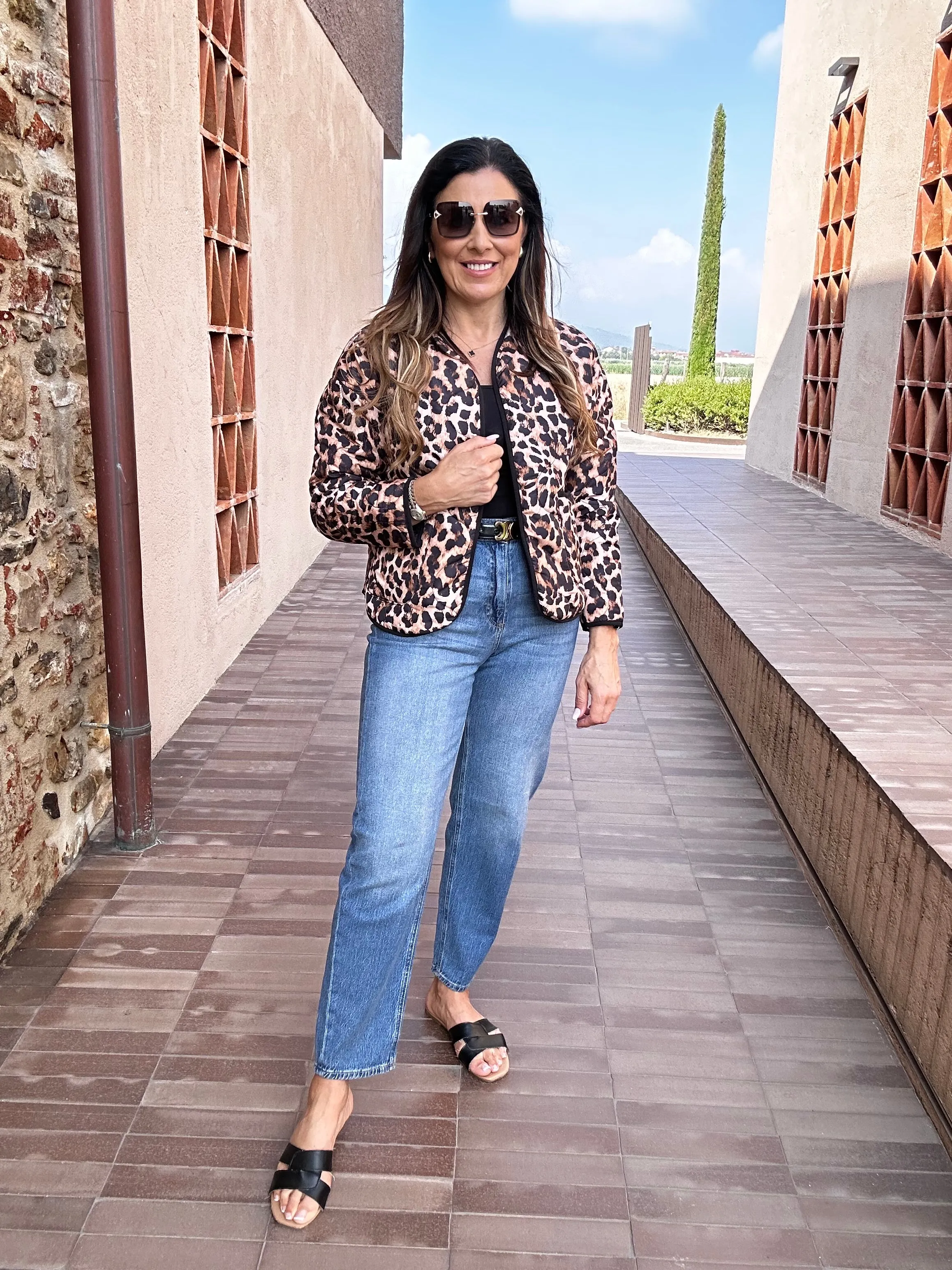 Stephi Camel Leopard Print Quilted Jacket