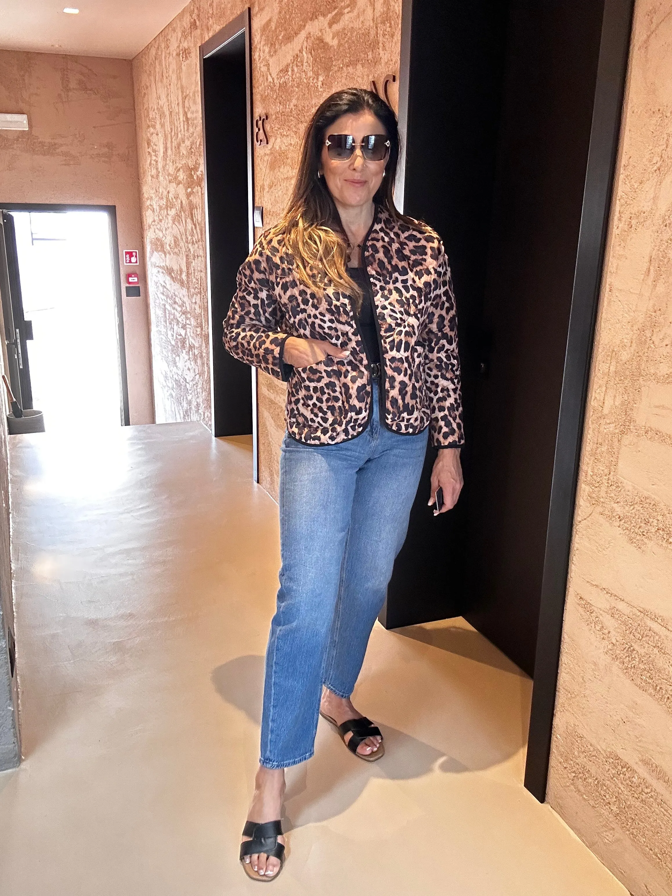 Stephi Camel Leopard Print Quilted Jacket