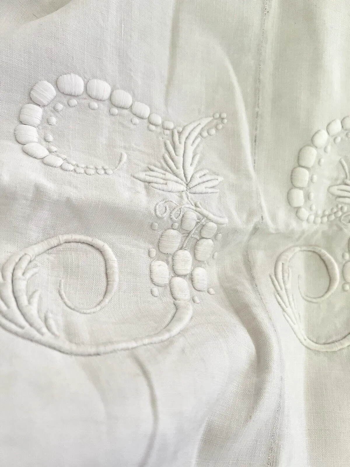 STUNNING antique French TROUSSEAU floppy LINEN FIL sheet LACE JB mono c1900