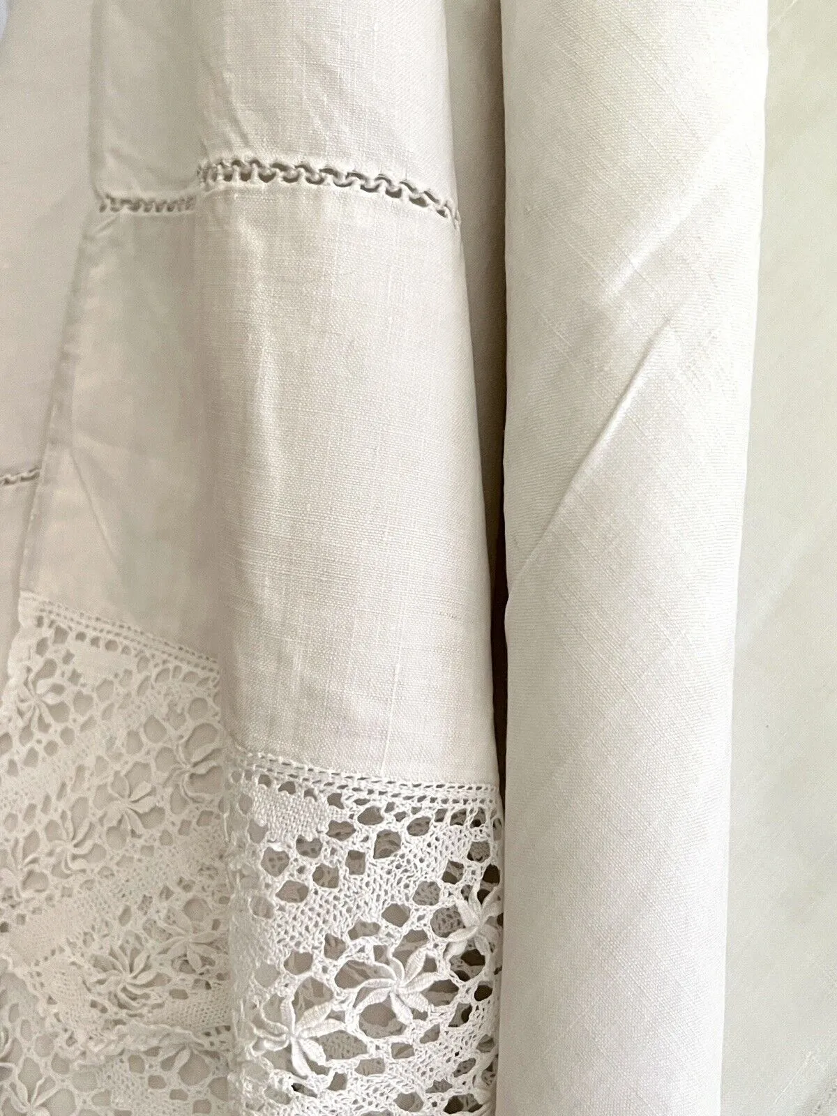 STUNNING antique French TROUSSEAU floppy LINEN FIL sheet LACE JB mono c1900