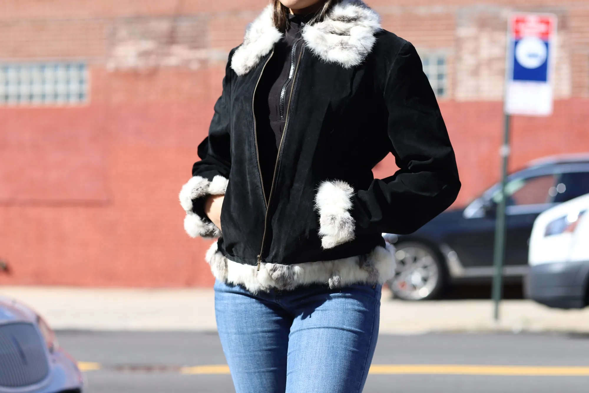 Suede Leather with Fur Trim - Black