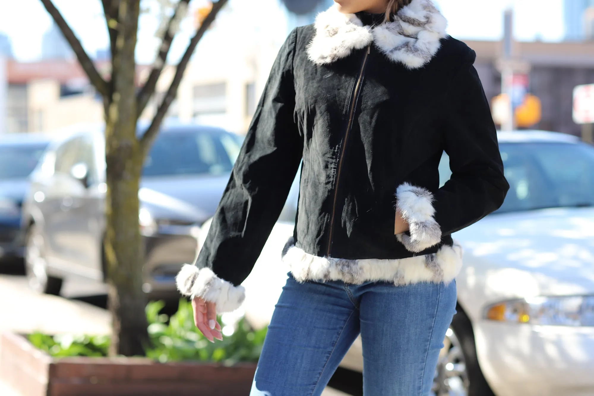 Suede Leather with Fur Trim - Black