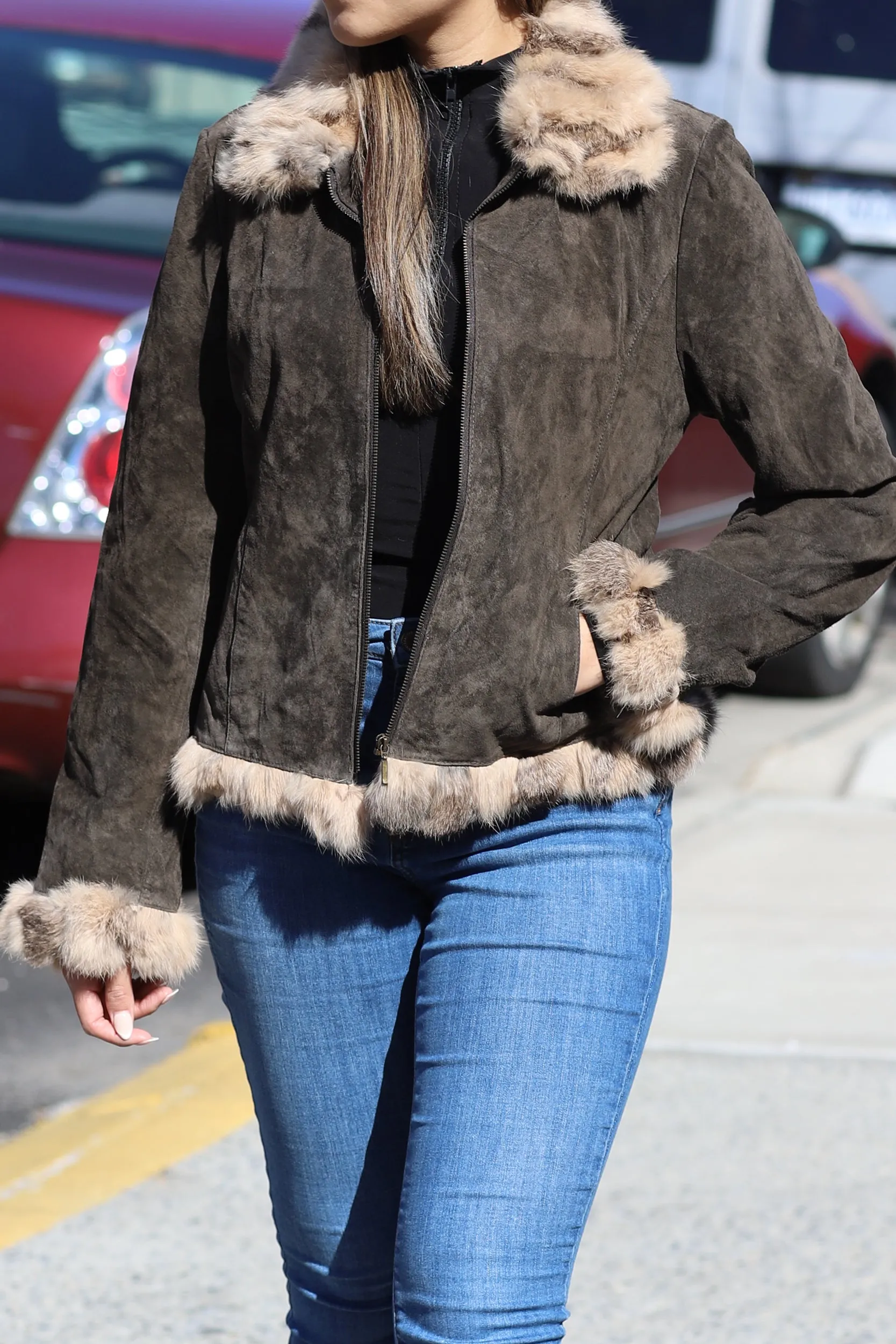 Suede Leather with Fur Trim - Brown
