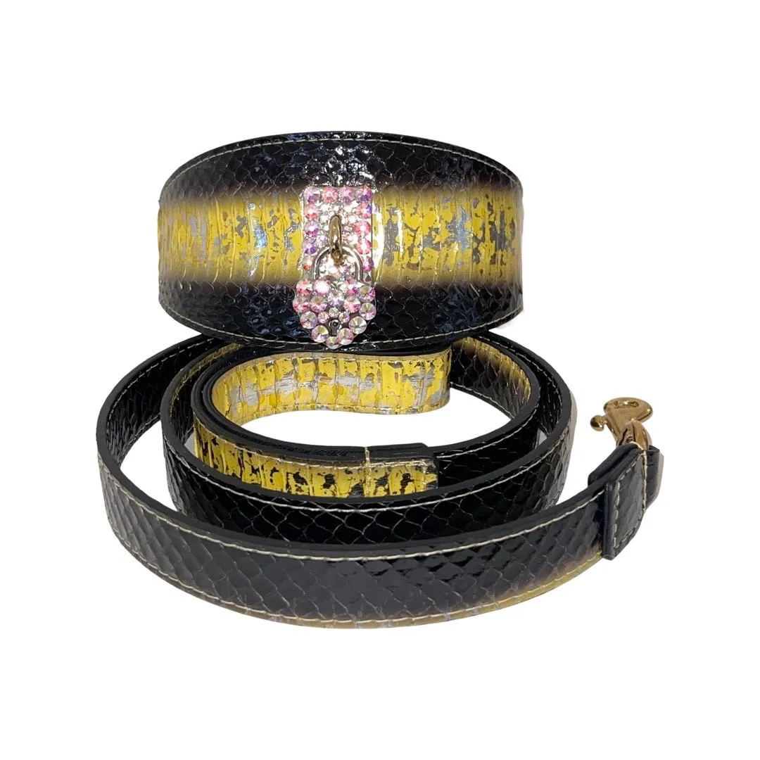 Swarovski Crystal Heart Locket Love Collar! Yellow/Gold/Silver Black Custom Snake 3” Wide Style Collar/Leash Set