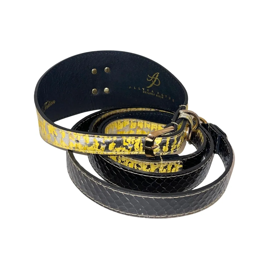 Swarovski Crystal Heart Locket Love Collar! Yellow/Gold/Silver Black Custom Snake 3” Wide Style Collar/Leash Set