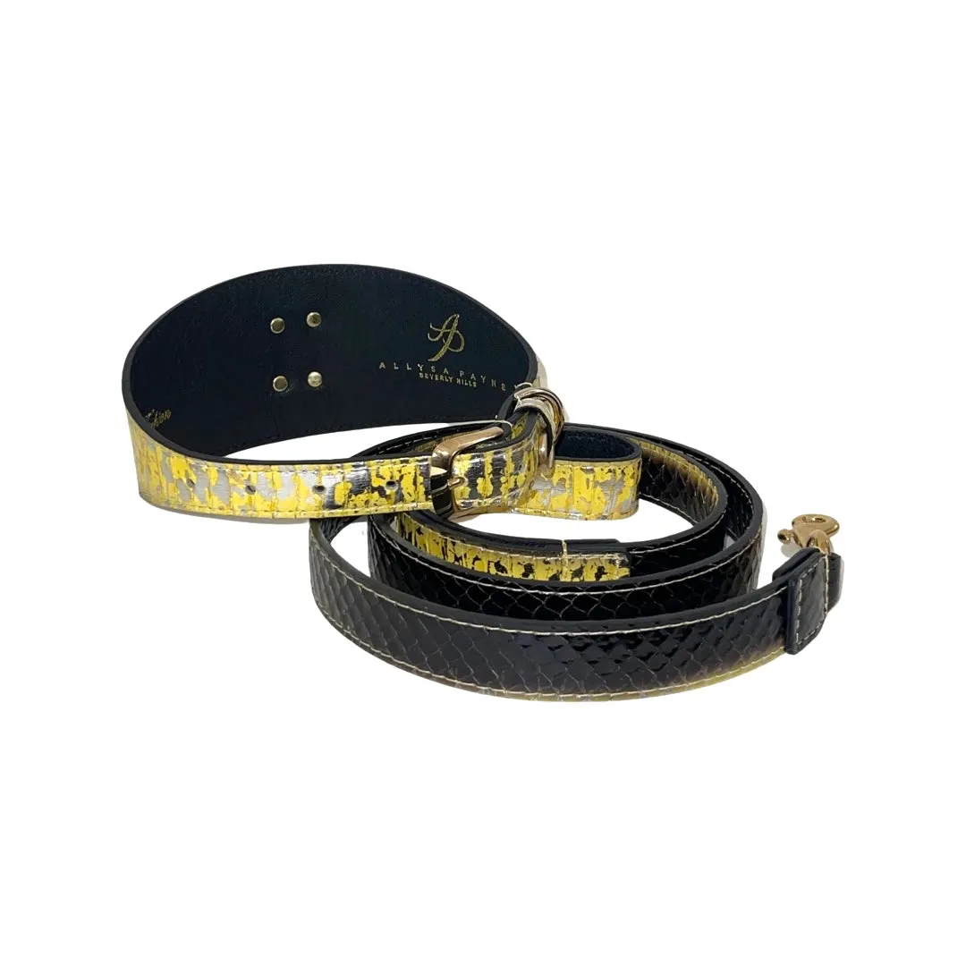 Swarovski Crystal Heart Locket Love Collar! Yellow/Gold/Silver Black Custom Snake 3” Wide Style Collar/Leash Set