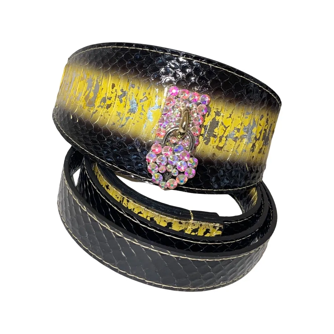 Swarovski Crystal Heart Locket Love Collar! Yellow/Gold/Silver Black Custom Snake 3” Wide Style Collar/Leash Set