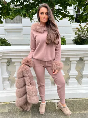 Taupe Premium Faux Fur Trim Hood & Cuff Jogger Tracksuit