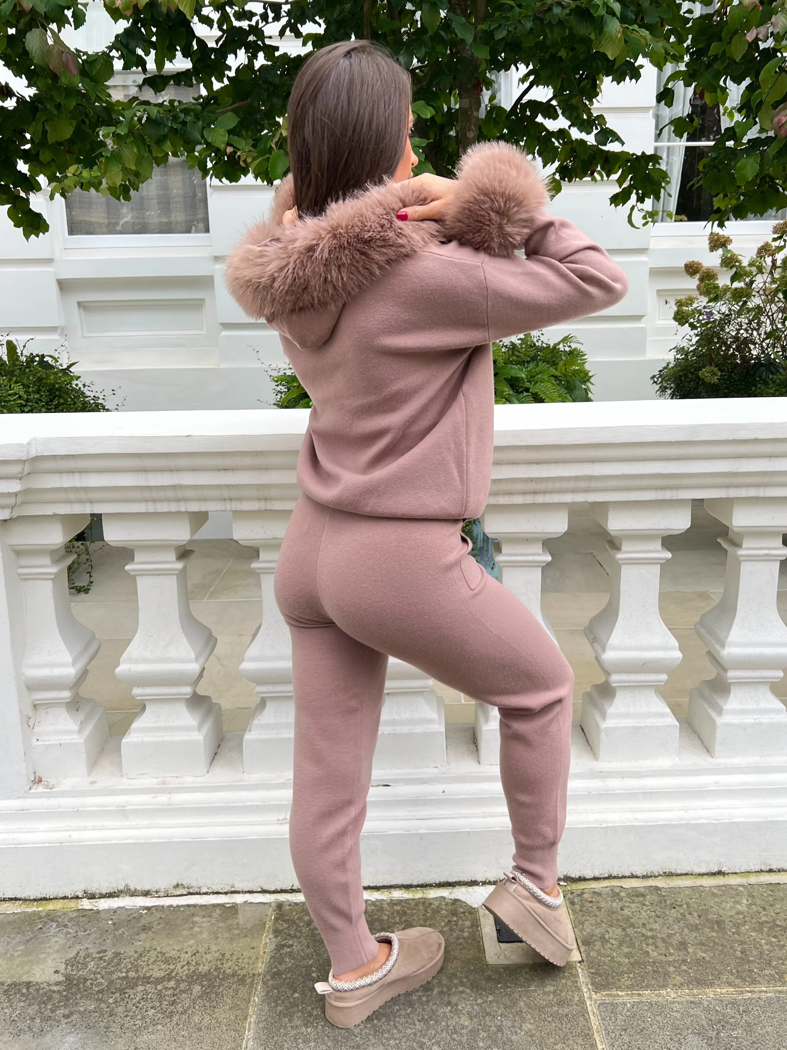 Taupe Premium Faux Fur Trim Hood & Cuff Jogger Tracksuit