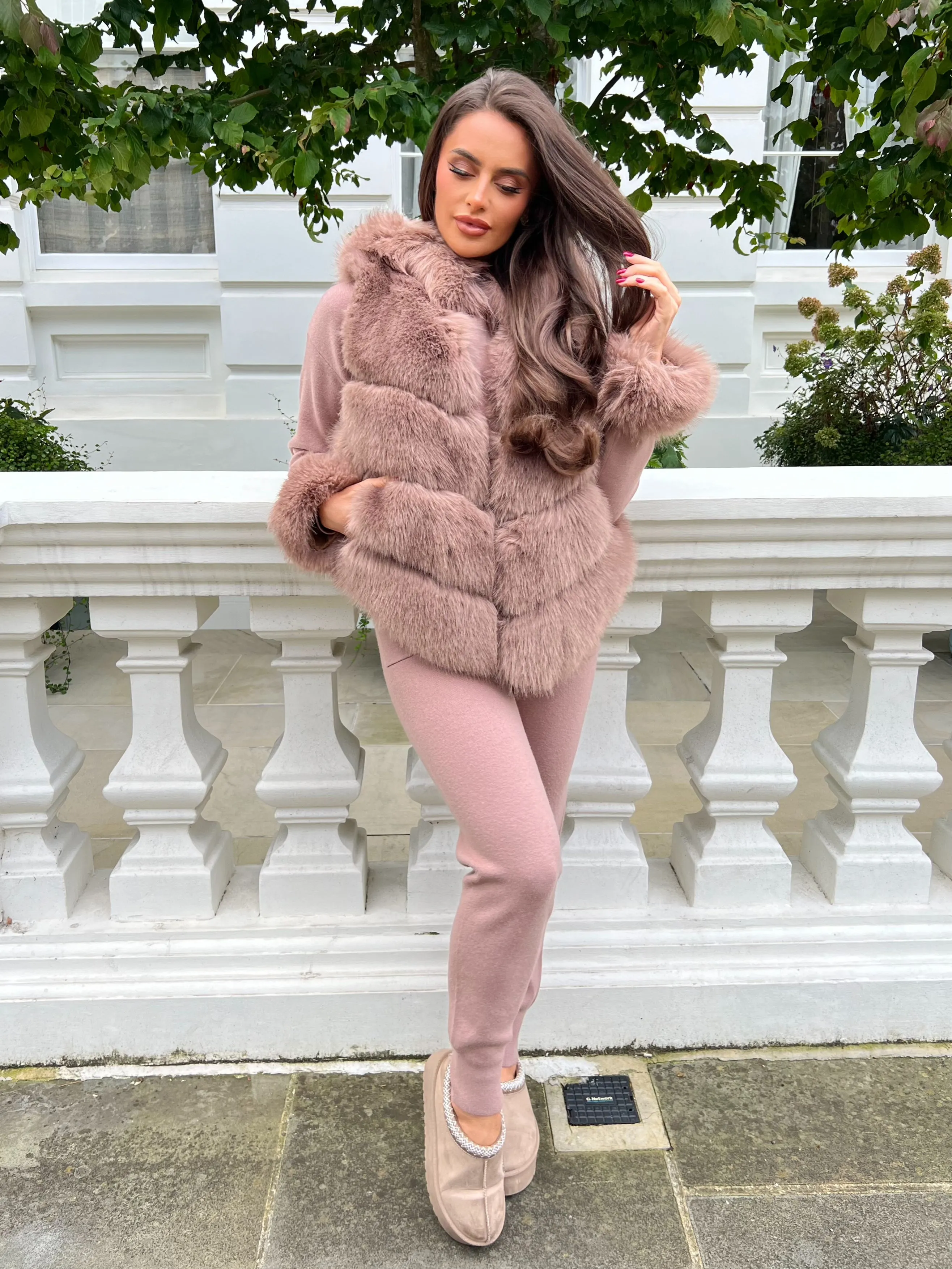 Taupe Premium Faux Fur Trim Hood & Cuff Jogger Tracksuit