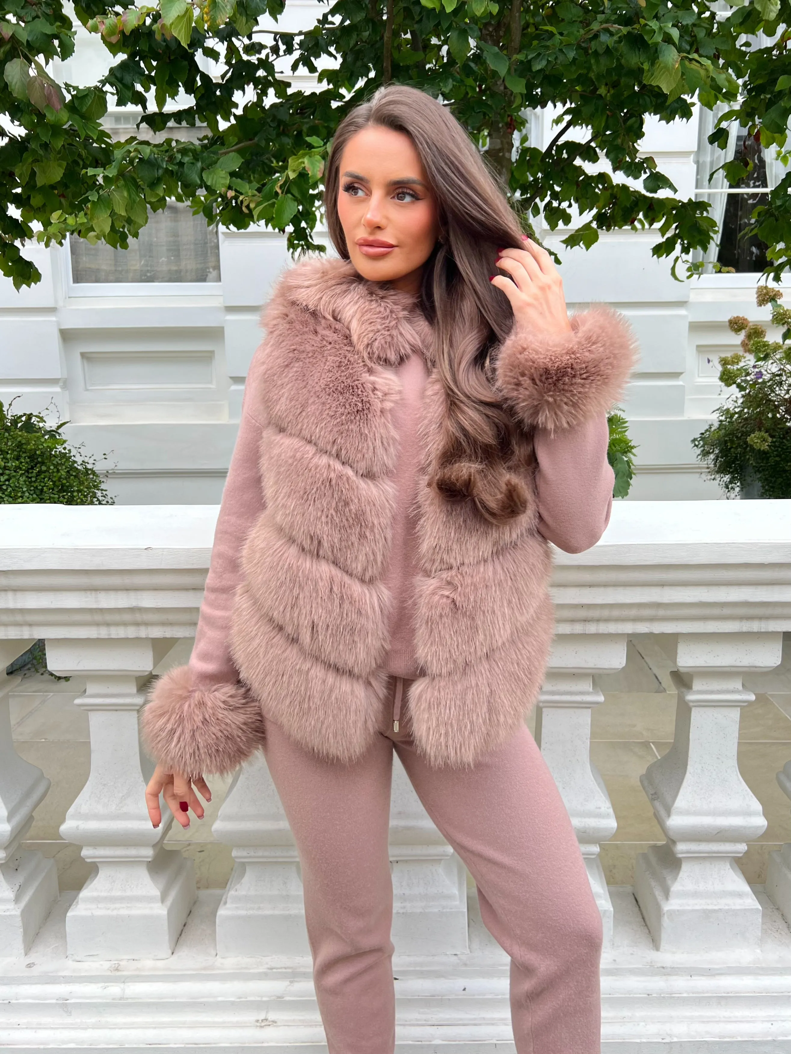 Taupe Premium Faux Fur Trim Hood & Cuff Jogger Tracksuit