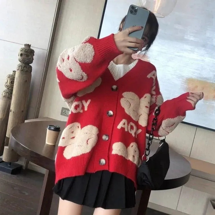Teddy Bear Fluffy V-neck Knitted Women's Cardigan: Casual Fleece Cute Girls Cardigan Geek Chic