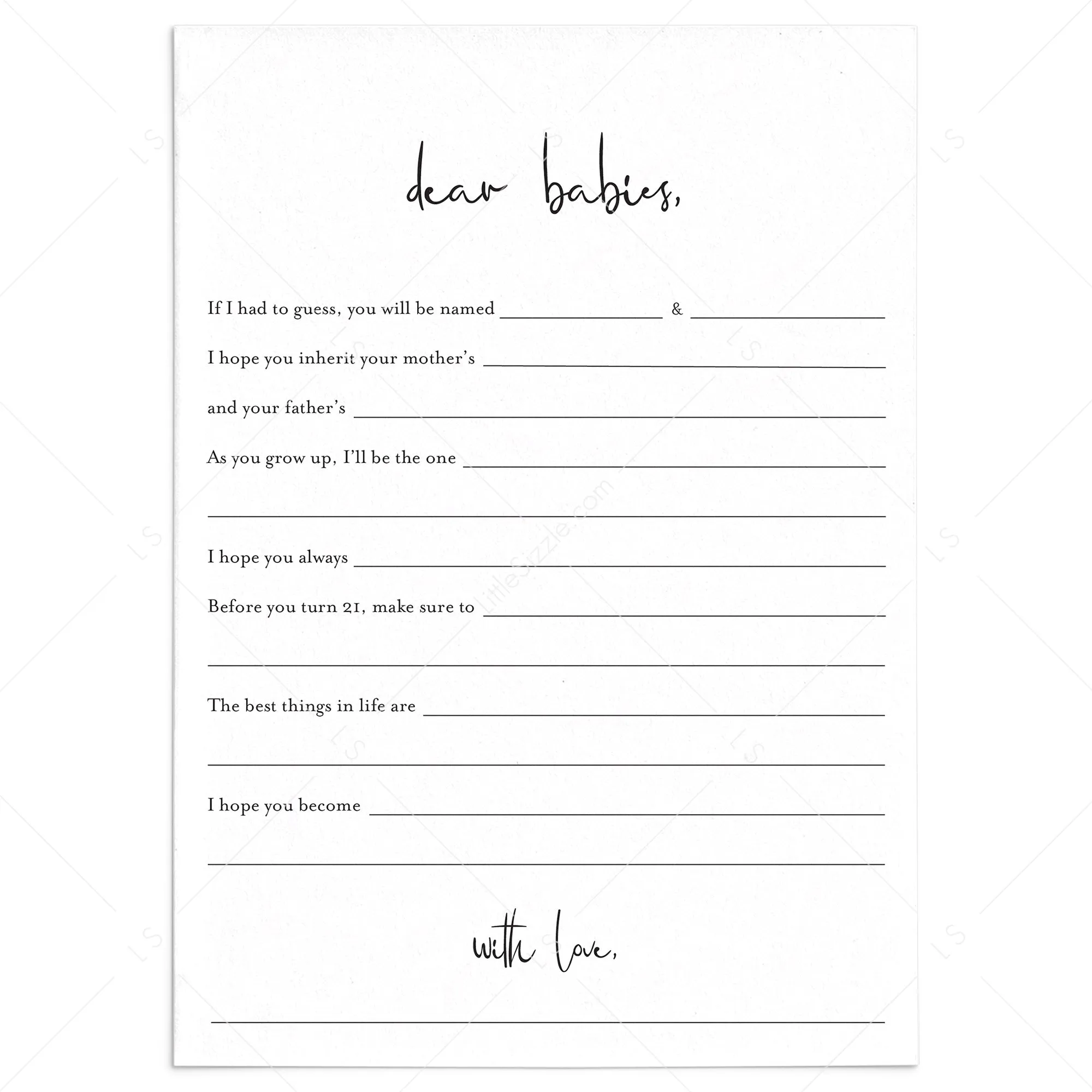 Twins Baby Shower Game Printable Dear Babies Modern Minimalist