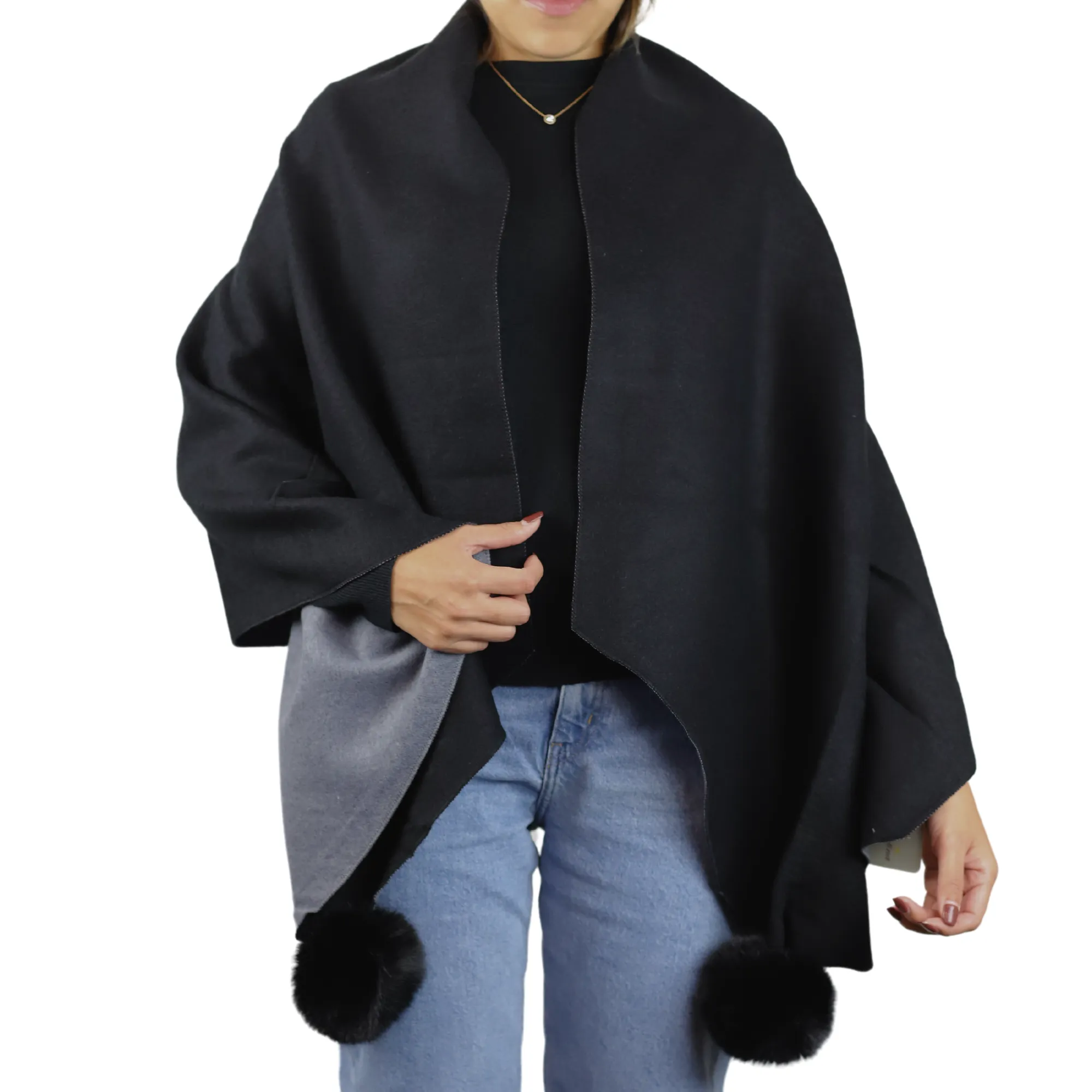 Two Tone Scarf with Faux Fur Poms in Black