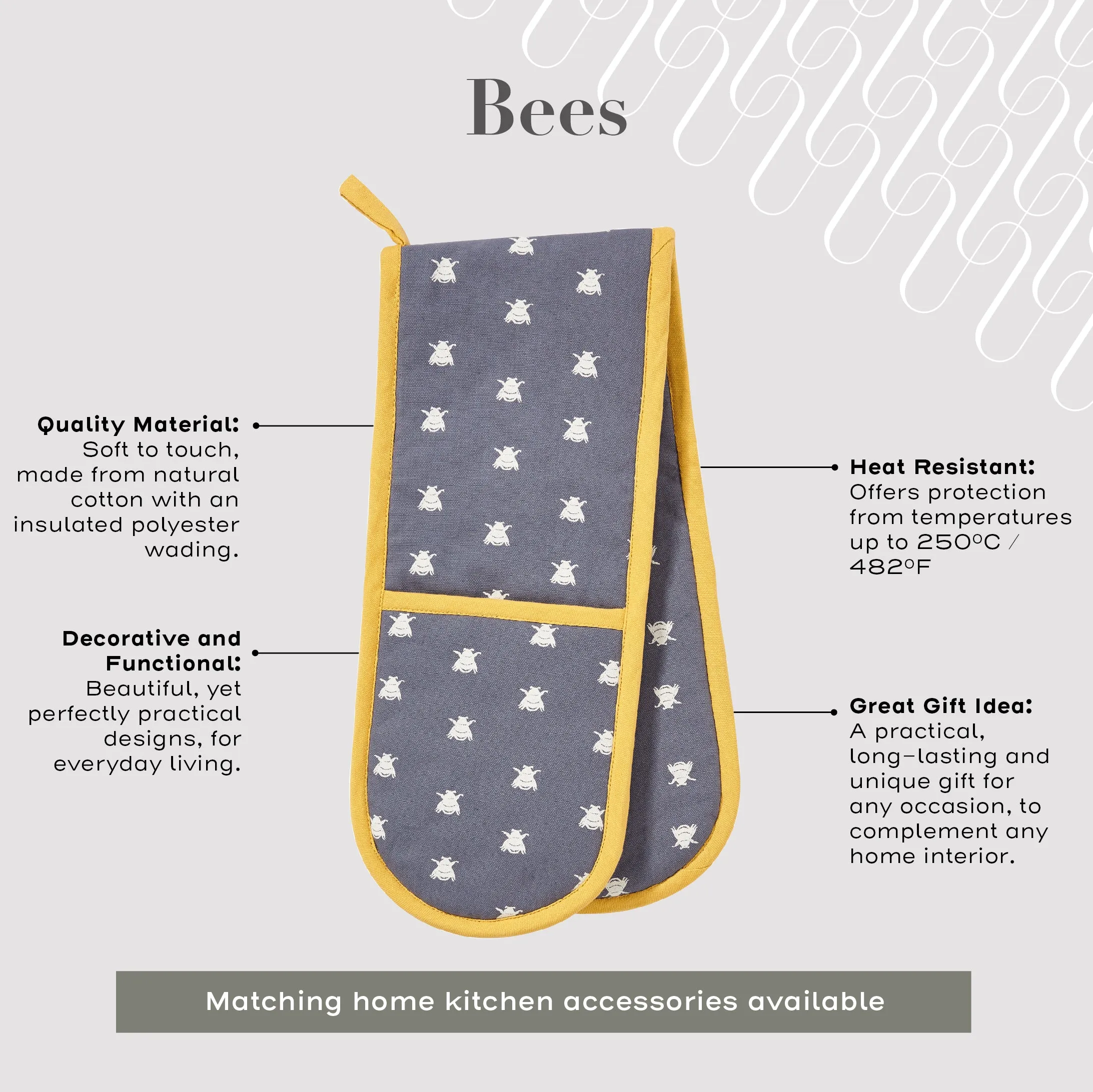 Ulster Weavers Double Oven Glove - Bees (100% Cotton Outer; 100% Polyester wadding; CE marked, Yellow)