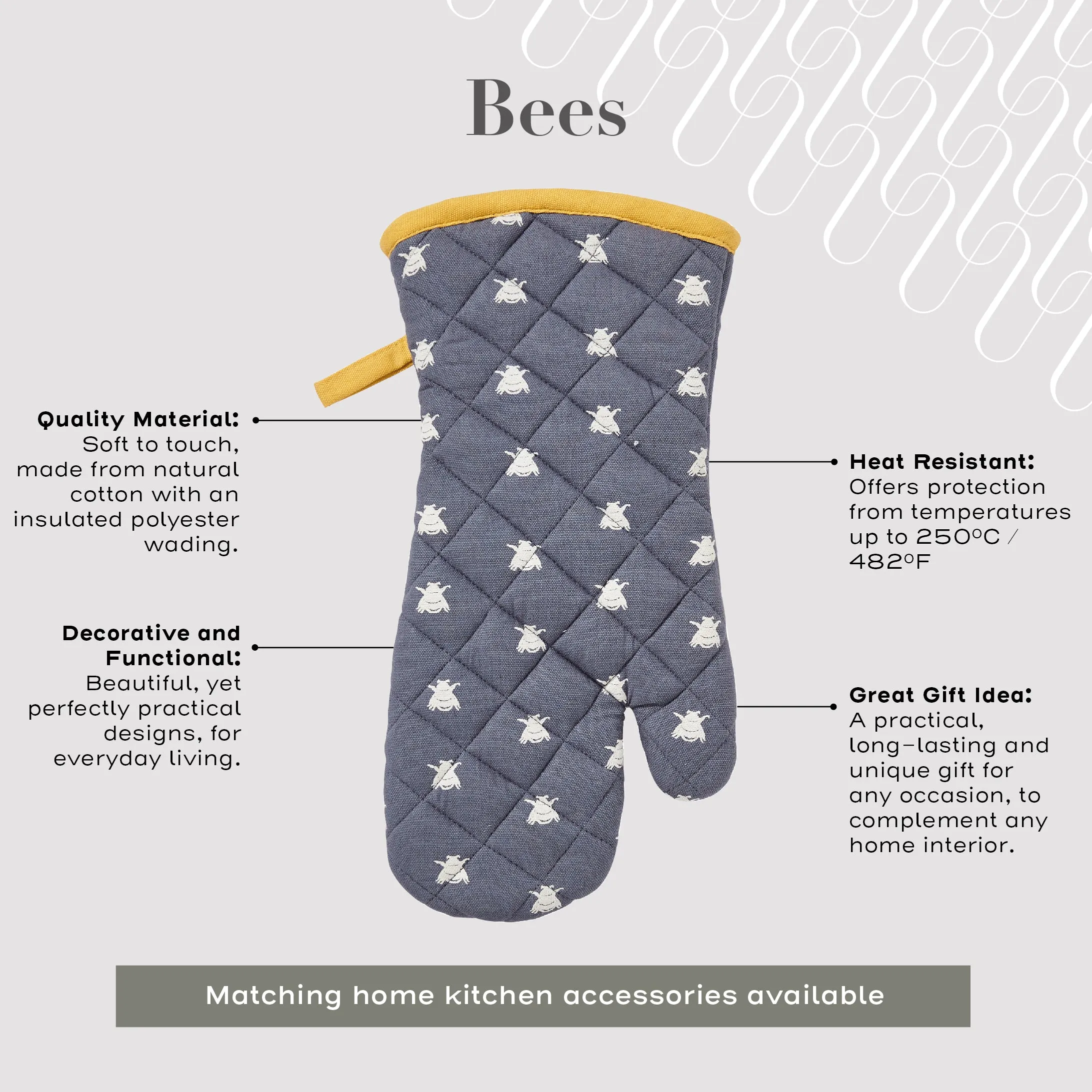 Ulster Weavers Gauntlet Single Oven Glove - Bees (100% Cotton Outer; 100% Polyester wadding; CE marked, Yellow)