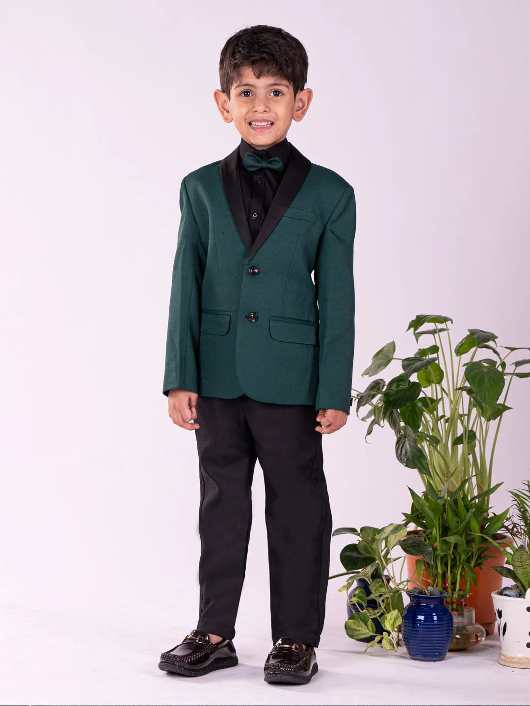 VASTRAMAY Boys' Black And Green Shirt Blazer And Pant