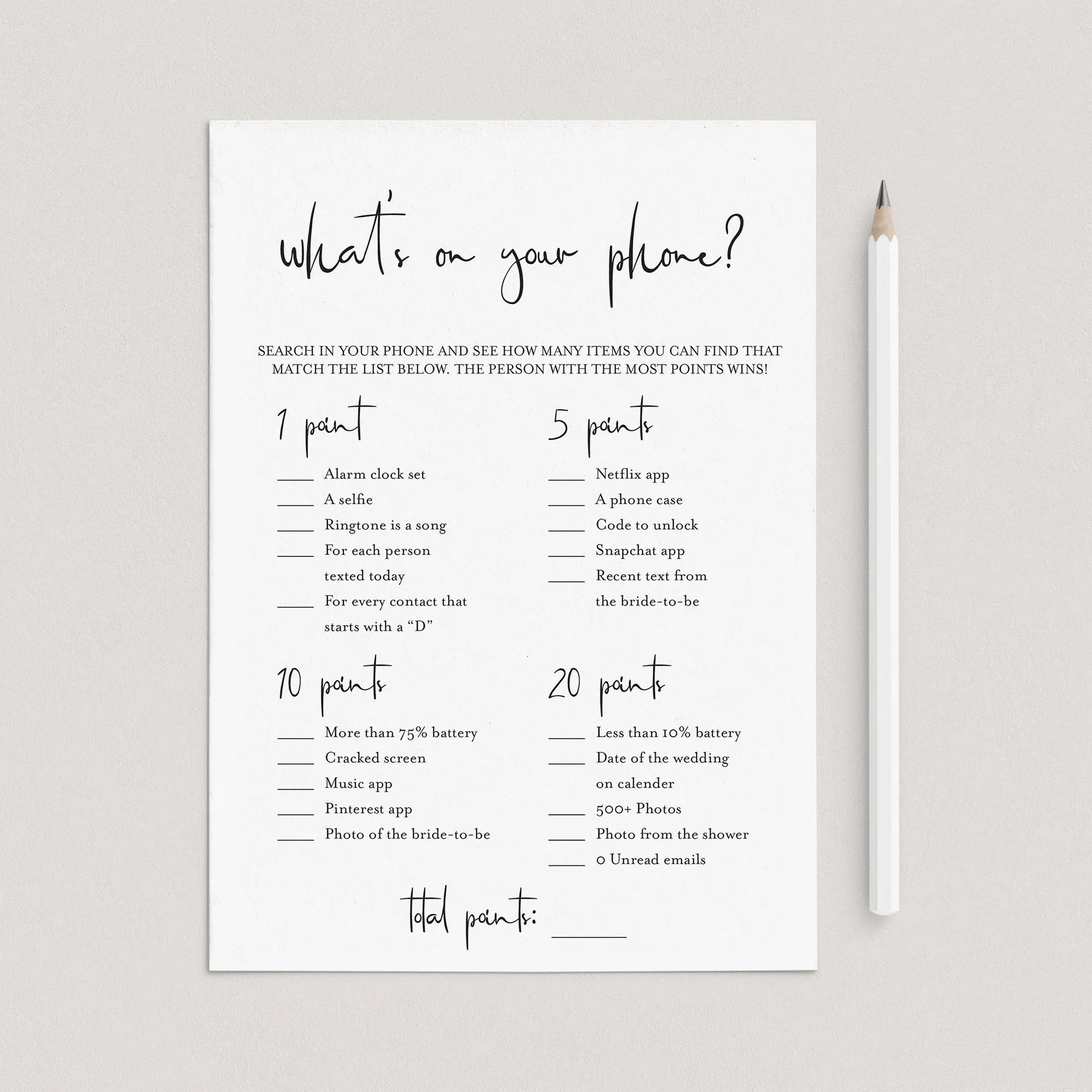 Whats On Your Phone Game for Bridal Shower Printable