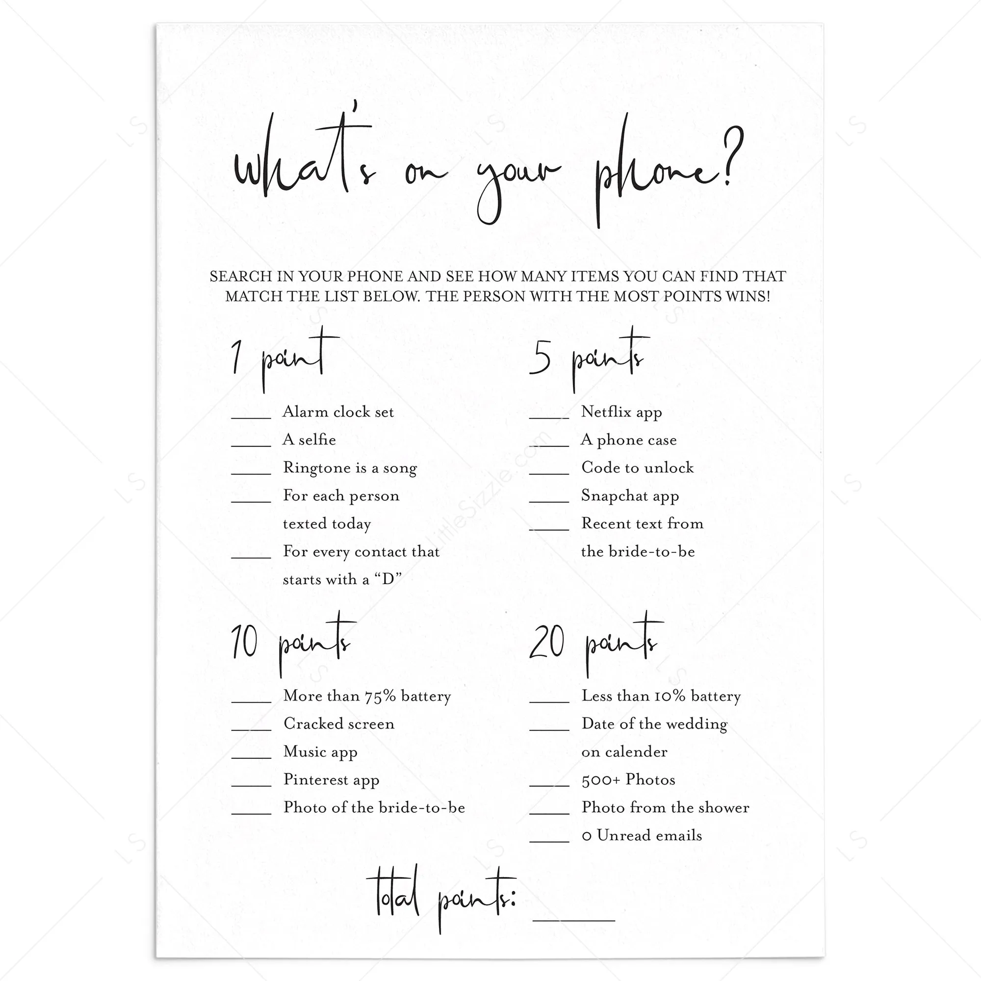 Whats On Your Phone Game for Bridal Shower Printable
