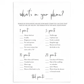 Whats On Your Phone Game for Bridal Shower Printable