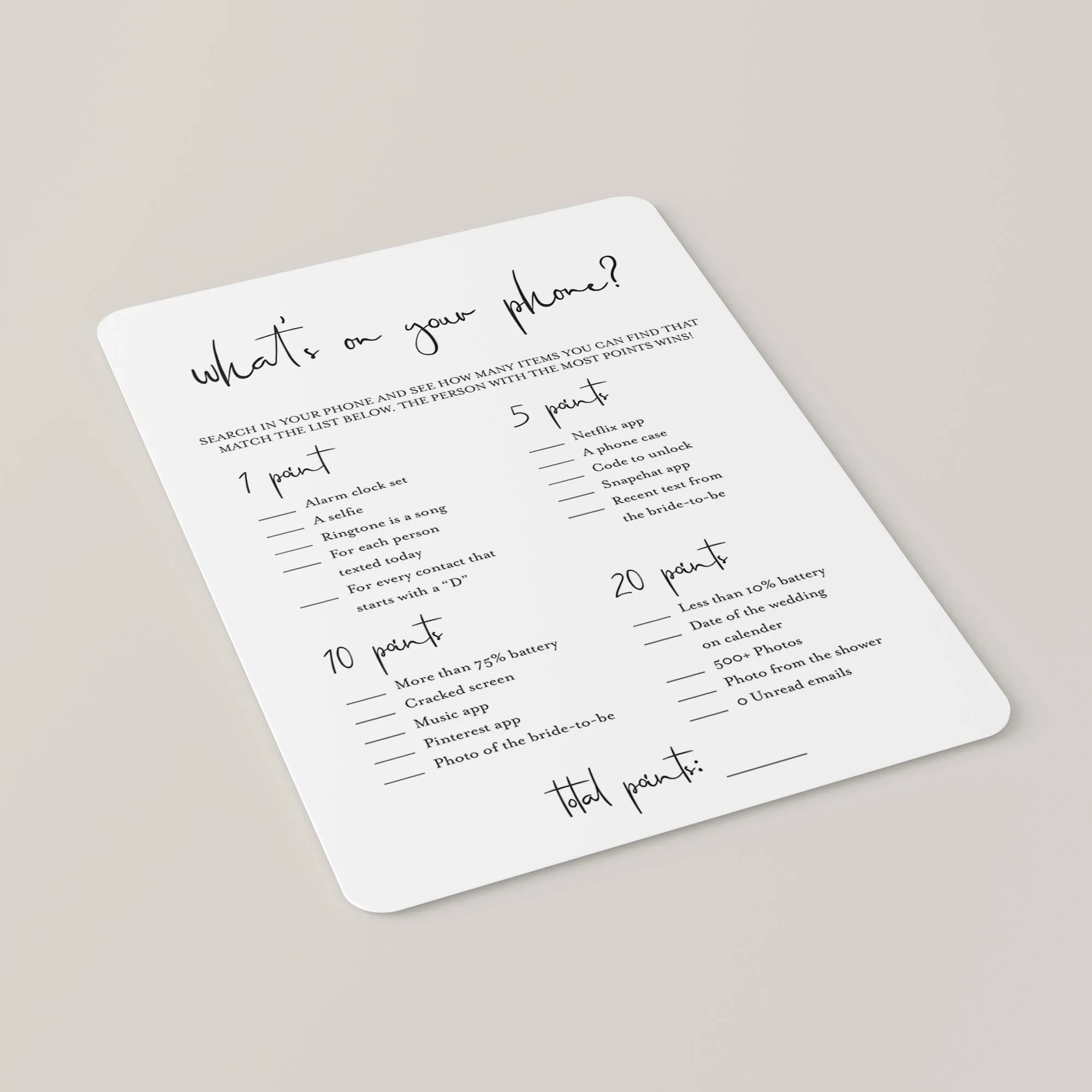 Whats On Your Phone Game for Bridal Shower Printable