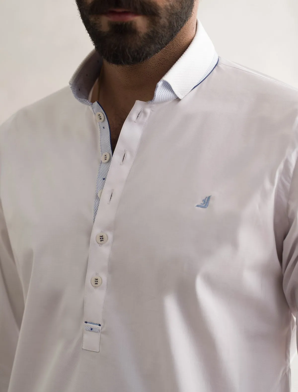 WHITE SHALWAR KAMEEZ WITH SKY BLUE LOGO