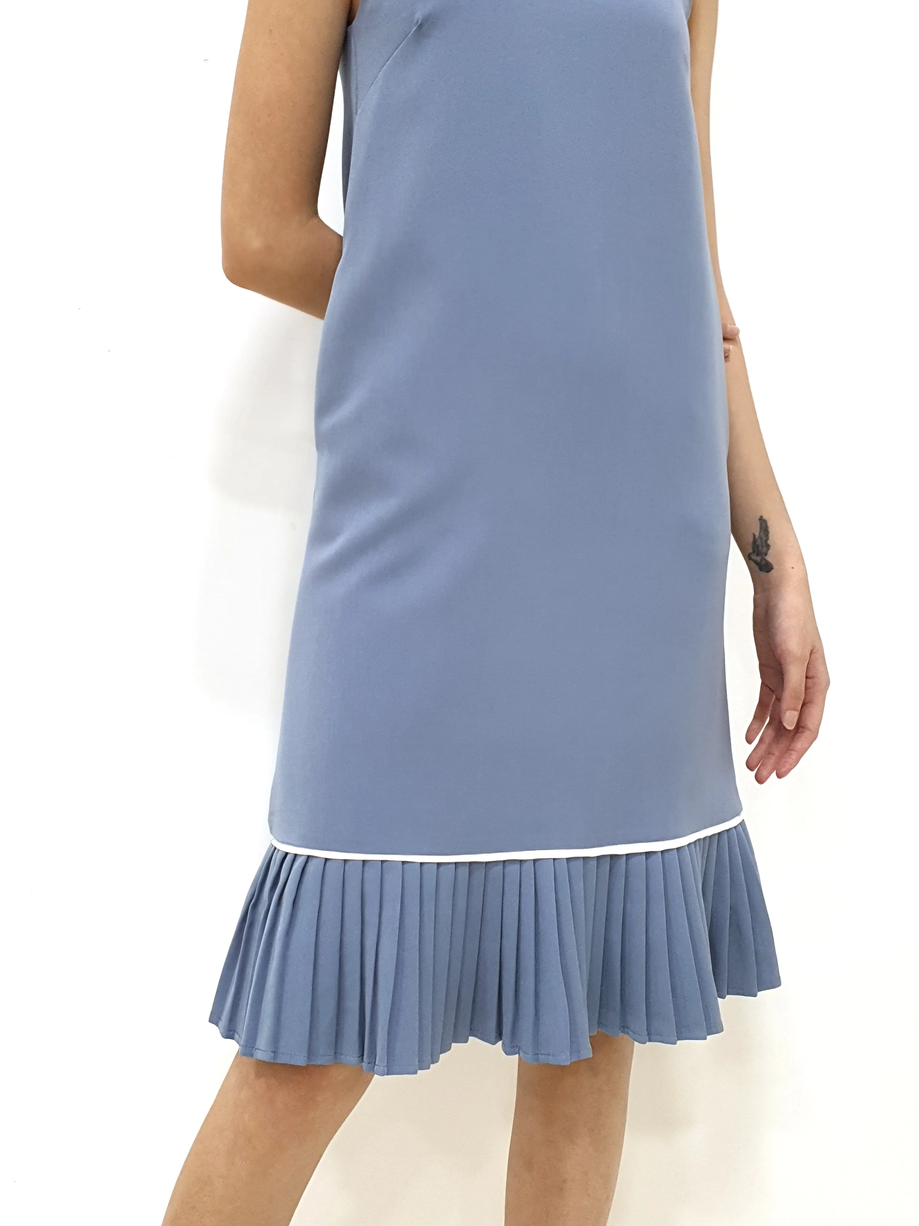 White Trim Pleated Midi - Blue (Non-returnable)