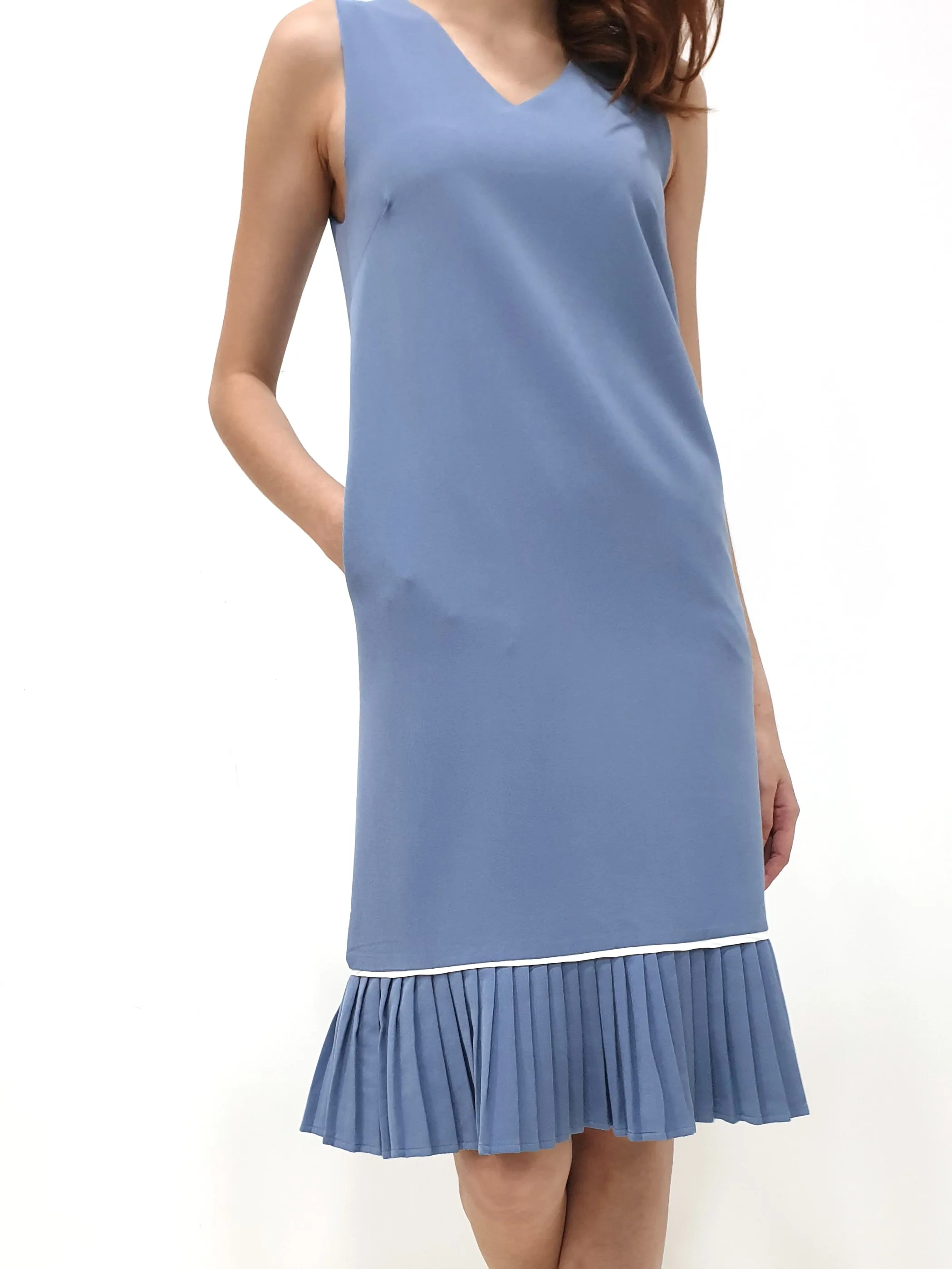 White Trim Pleated Midi - Blue (Non-returnable)