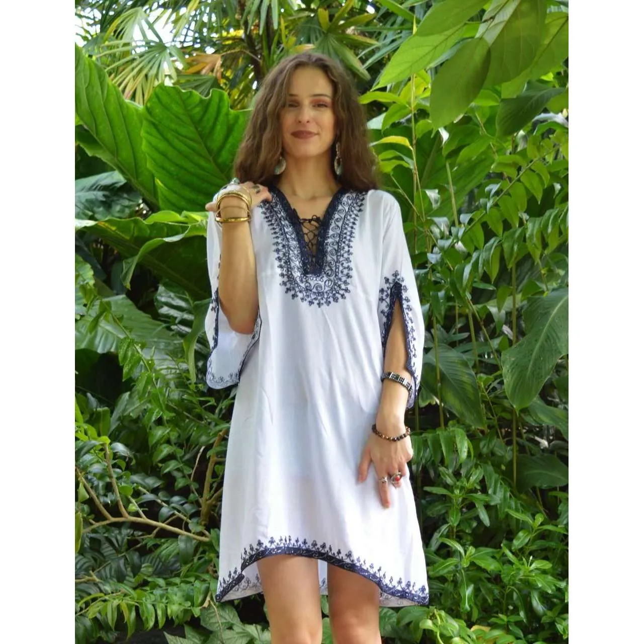 White with Silver Blue Embroidery Nadia Tunic Dress - Moroccan Tunic