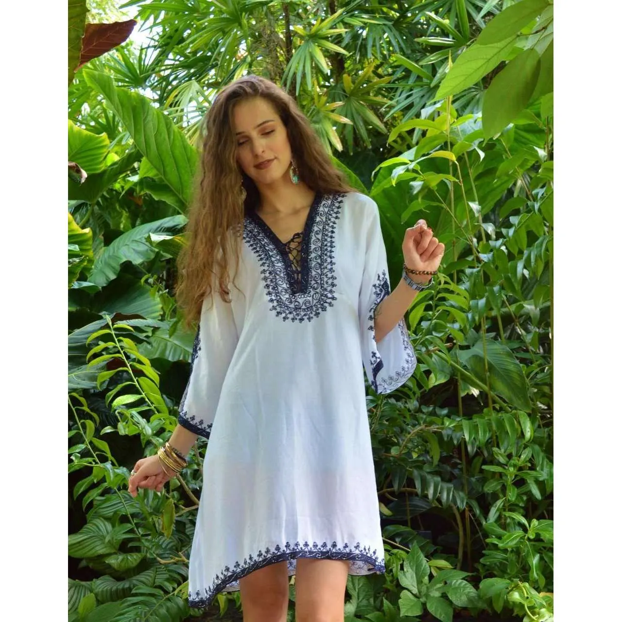 White with Silver Blue Embroidery Nadia Tunic Dress - Moroccan Tunic